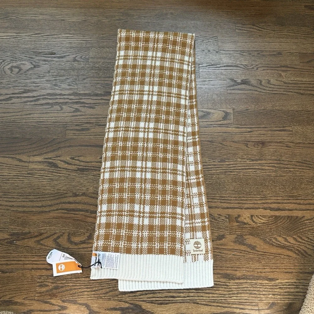 Timberland Scarf Wheat Plaid Brown Knit Winter Rectangle Logo T101808 NEW